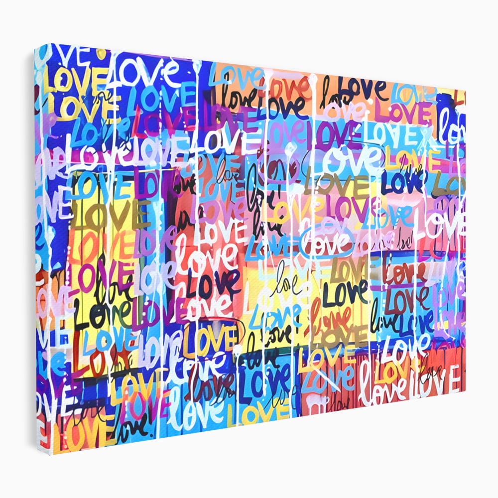 Tablou canvas cu tablou canvas cu graffiti colorat si cuvantul love, fara rama, pe sasiu de lemn